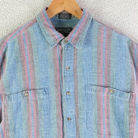 Muskoka Lakes Shirt Mens Laqrge Blue Red Striped Button Up Textured Vintage 90s - Picture 2 of 8